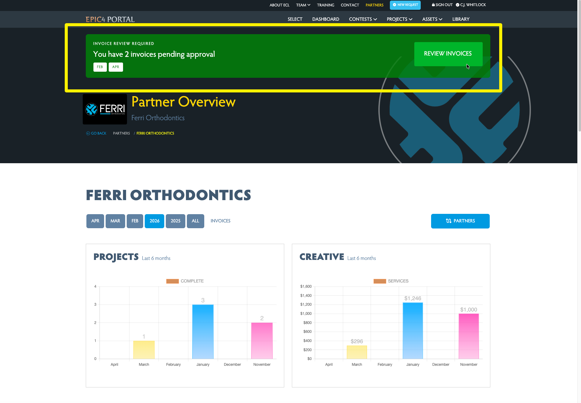 Dashboard with invoice notification bar