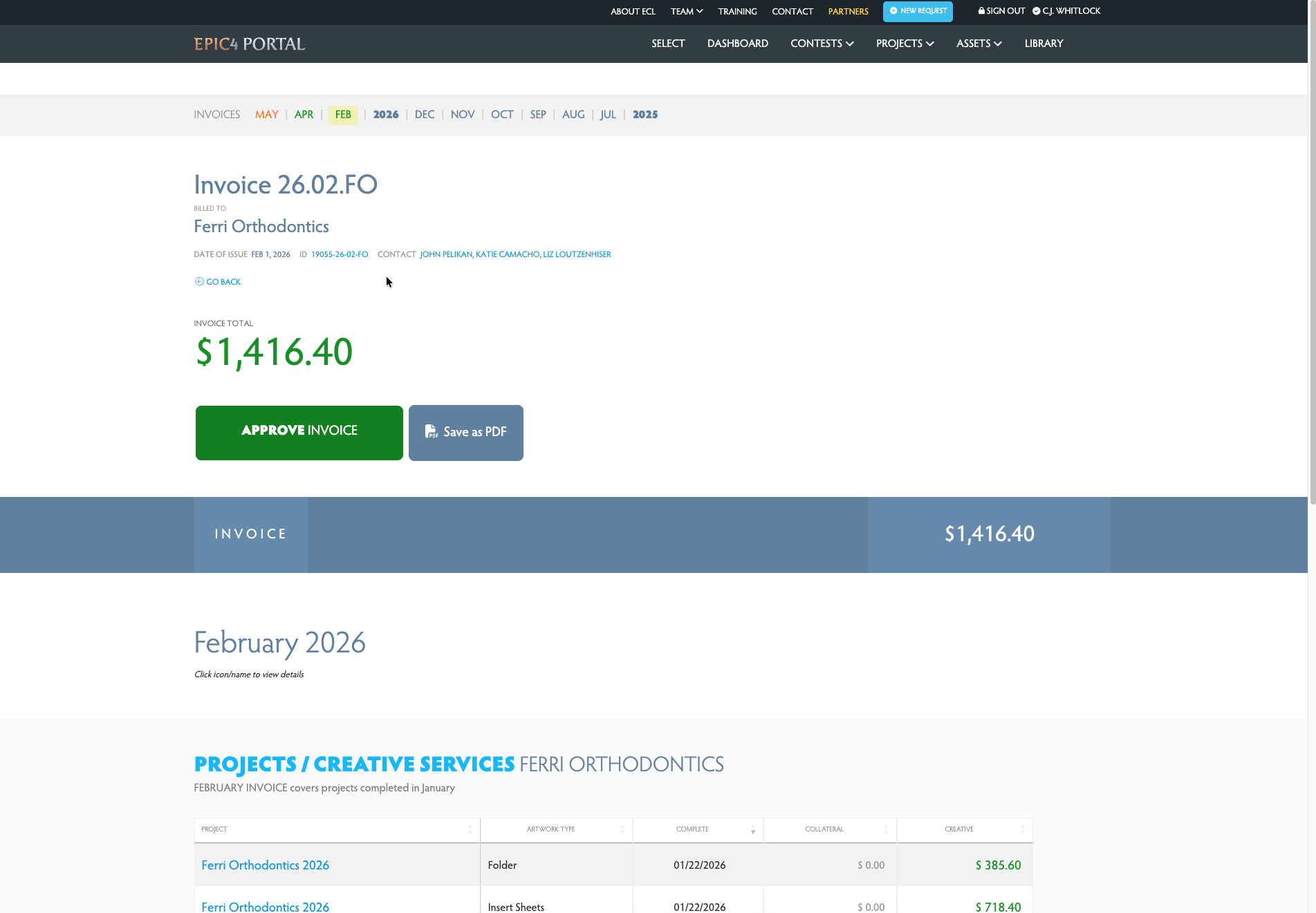 Dashboard with invoice notification bar