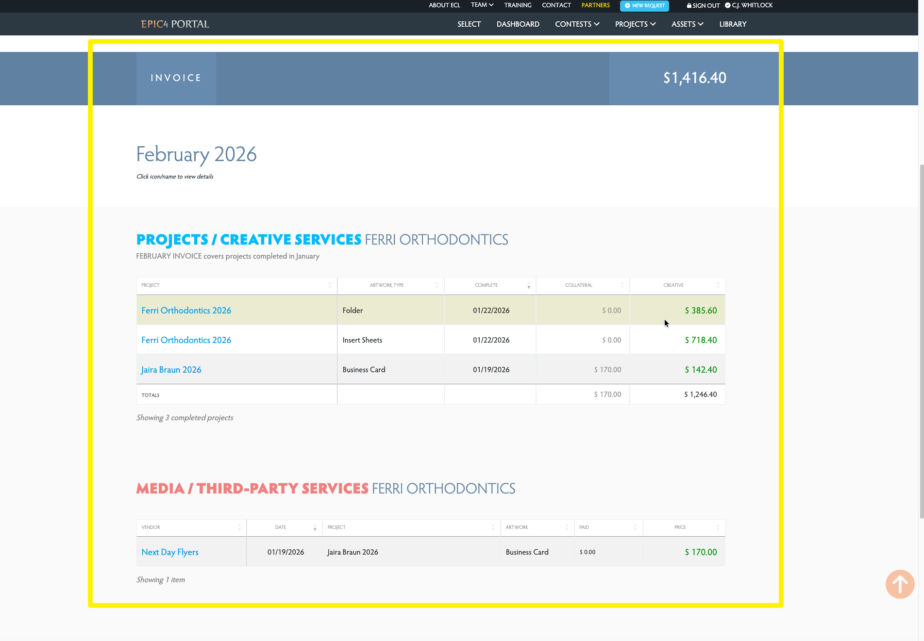 Dashboard with invoice notification bar