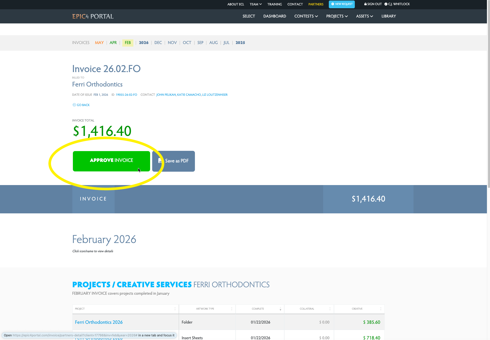 Dashboard with invoice notification bar