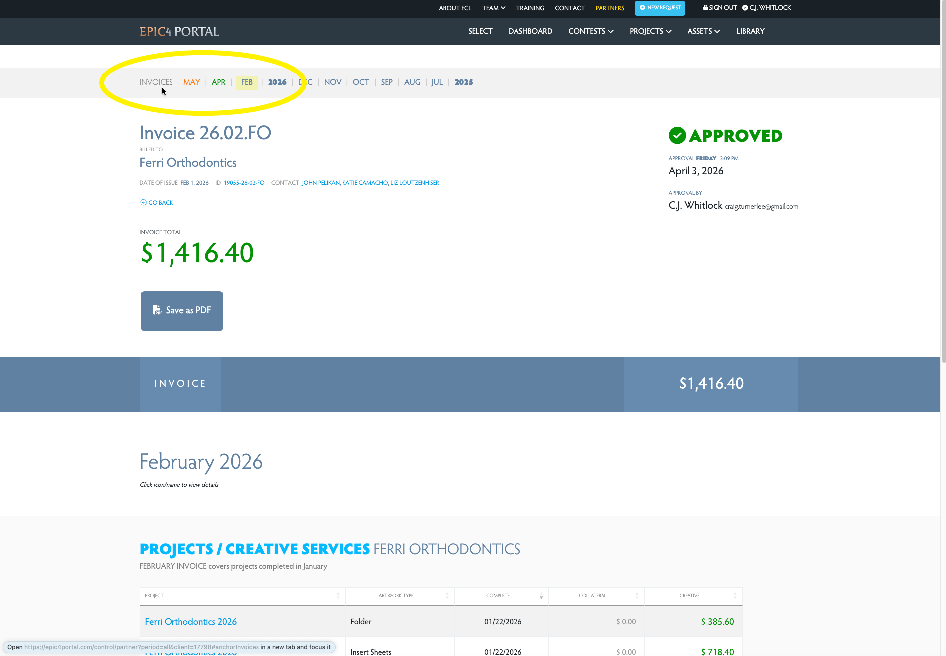 Dashboard with invoice notification bar